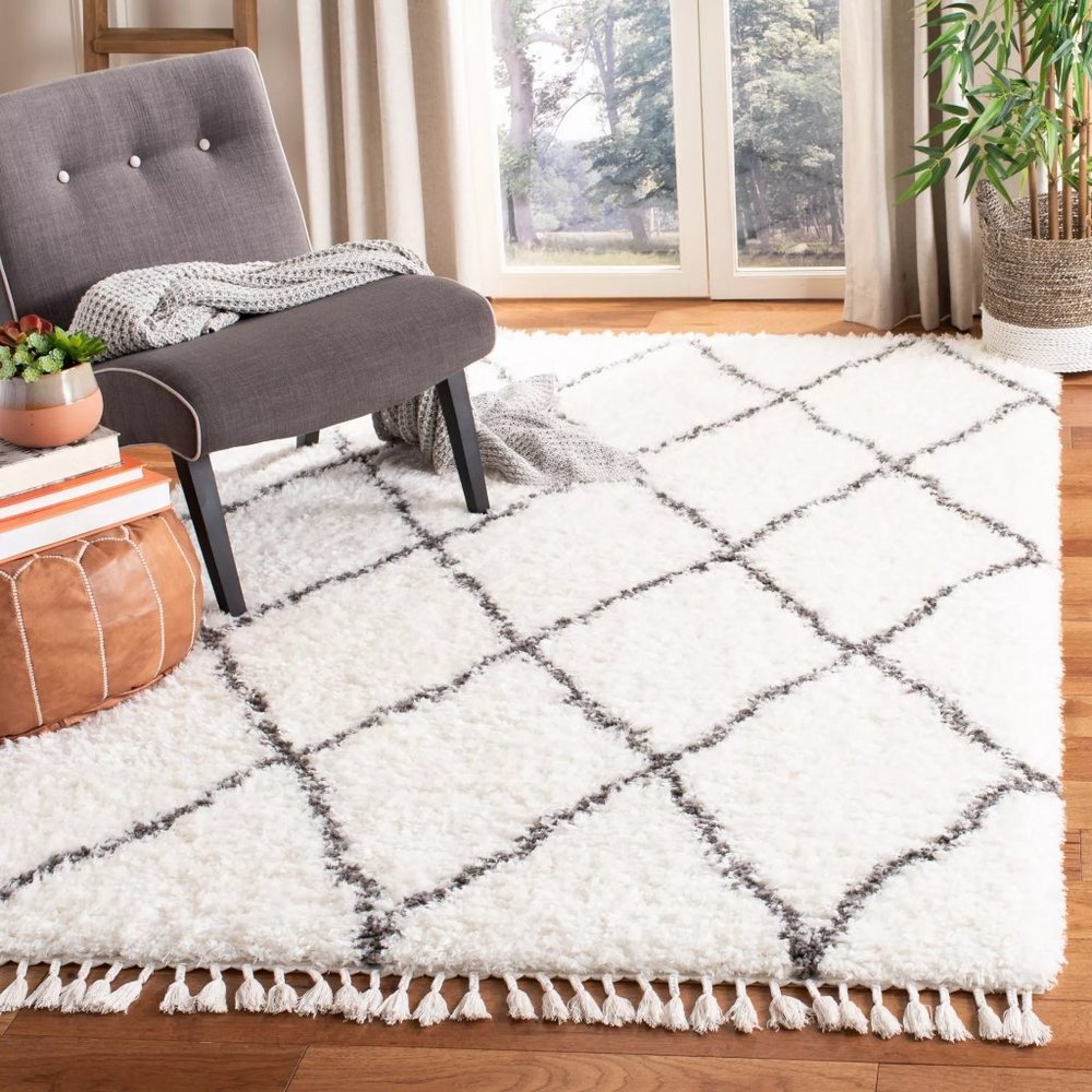 new Wild Sage Abigail Diamond 3ft x 5ft Shag Rug with Dark Gray lines on Ivory